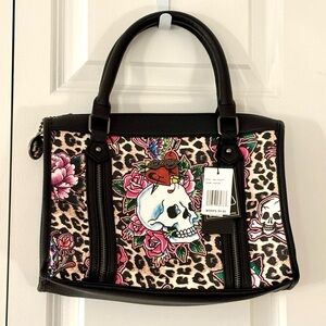 ED HARDY Leopard Print Skull Design Handbag